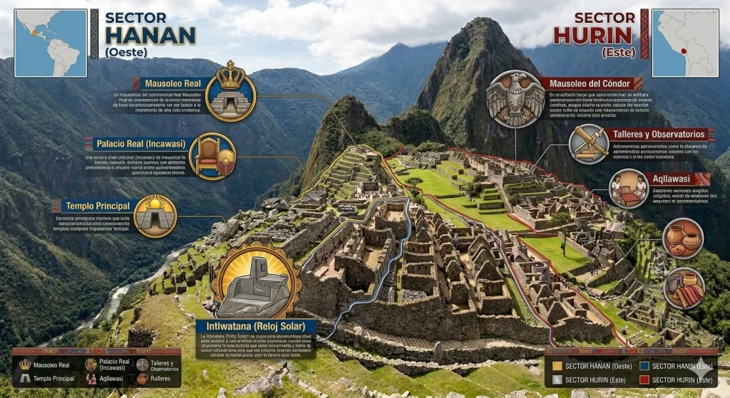 Distribución Sectores Hanan y Hurin - Mapa Arquitectónico de Machu Picchu